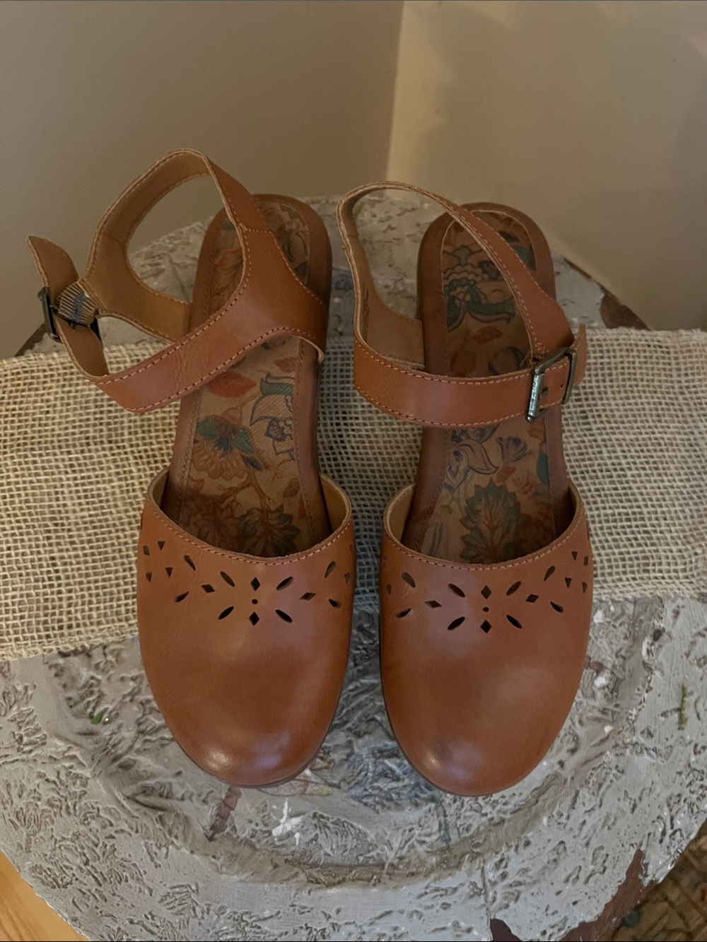 boc Tan Leather Slingback Clogs with Perforated Toe